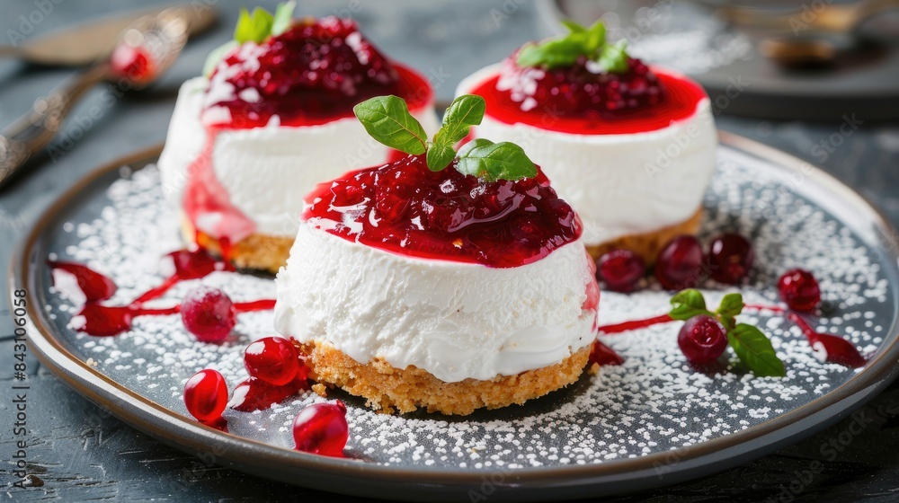 Healthy cheesecakes with a topping of sour cream and jam Emphasizing a weight loss diet idea High definition