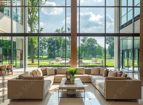 Beautiful modern interior of the reception and lounge area in a country club with glass walls, a large sofa  © Mahwish