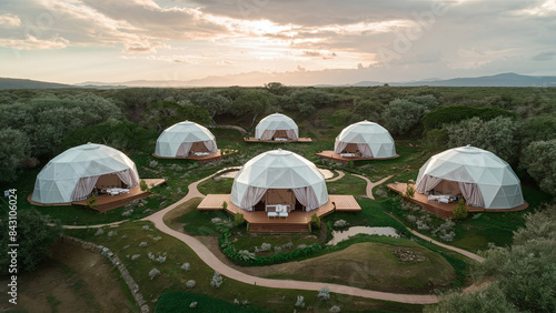 a distributed glamping wooden geodesic domes in the hills, indie alternative eco-friendly vacations, low-impact green architecture, harmony with nature photo