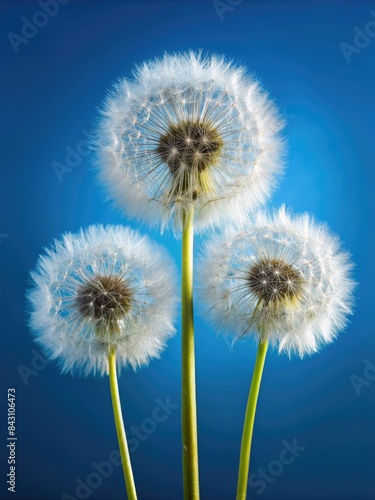 Fluffy dandelions against a blue background.