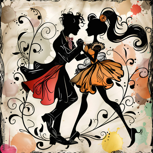 Silhouettes of a Couple Dancing in Colorful Outfits with Swirling Patterns photo