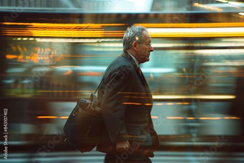 Businessman Walking Through City With Blurred Lights In Background