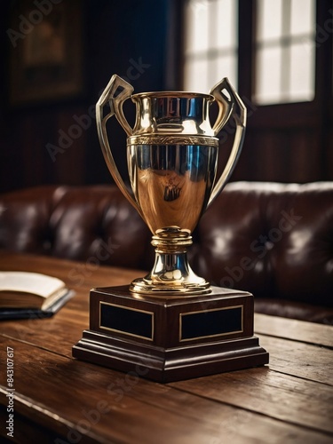 Champion's trophy placed on a wooden table, embodying the spirit of victory.