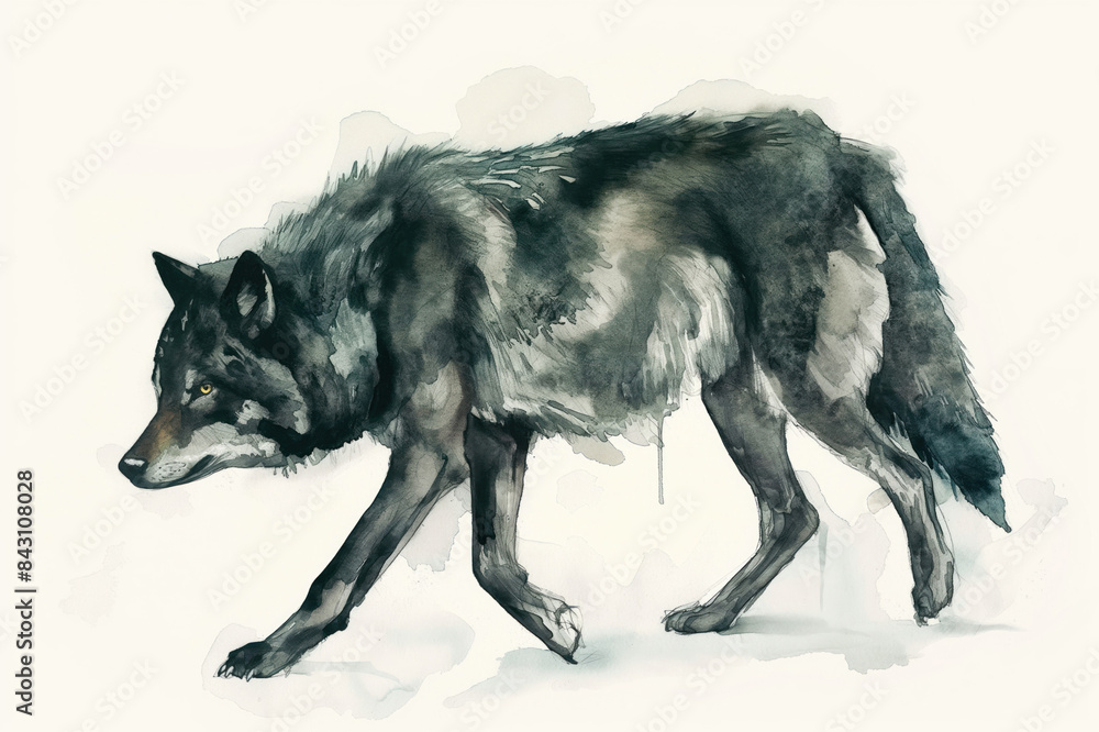 Black Wolf. Vivid watercolor depiction. Standing out on a clean white background. Artistic portrayal of a mysterious predator. Abstract strokes merge with hints of lifelike detail. Black Wolf. Vivid watercolor depiction. Standing out on a clean white background. Artistic portrayal of a mysterious predator. Abstract strokes merge with hints of lifelike detail.