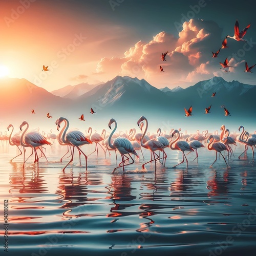 Flock of hungry flamingos in the middle of the sea flying around looking for food in the water, in groups, Generative AI