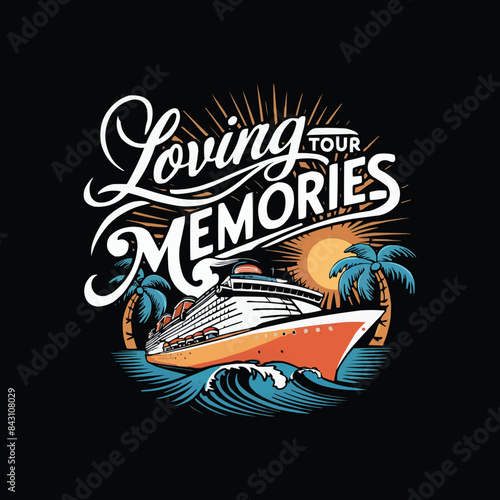 Retro cruise vibrant colors waves with typography sun and palm trees