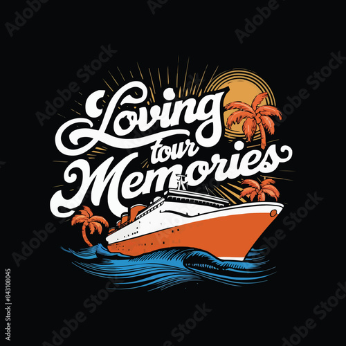 Retro cruise vibrant colors waves with typography sun and palm trees