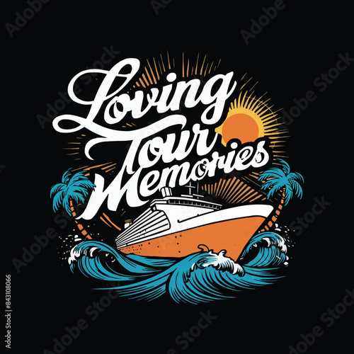 Retro cruise vibrant colors waves with typography sun and palm trees