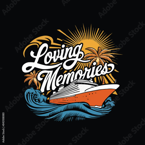 Retro cruise vibrant colors waves with typography sun and palm trees