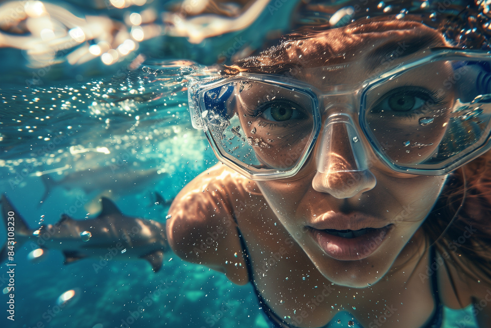 Naklejka premium Woman Underwater With Shark, Diving Close Up