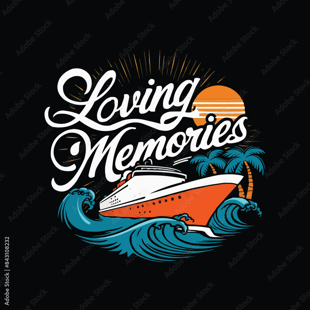 Obraz premium Retro cruise vibrant colors waves with typography sun and palm trees