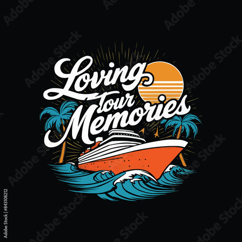 Retro cruise vibrant colors waves with typography sun and palm trees