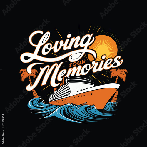 Retro cruise vibrant colors waves with typography sun and palm trees