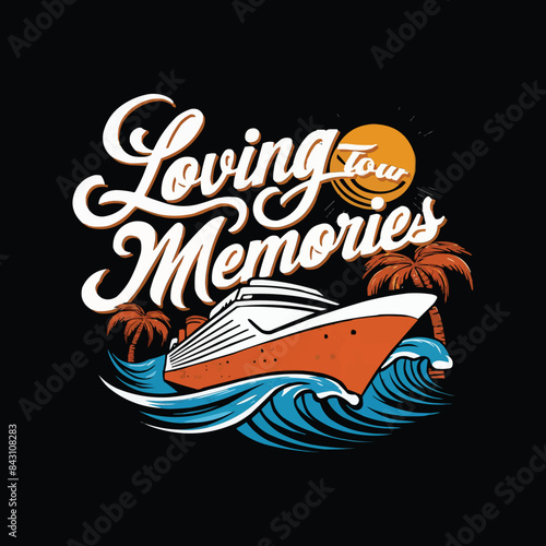 Retro cruise vibrant colors waves with typography sun and palm trees
