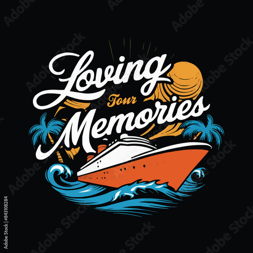 Retro cruise vibrant colors waves with typography sun and palm trees
