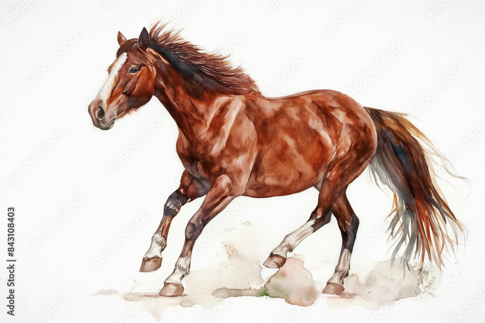 Obraz premium Horse. Vivid watercolor depiction. Set against a clean white canvas. Artistic interpretation of nature's grace. Abstract strokes combined with lifelike elements of realism