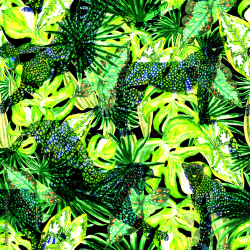 Seamless pattern with wild animals and tropical leaves of palm. Hand-drawn graphics, and llustrations of cheetahs and leopards in the jungle with beautiful green leaves. Rapport photo