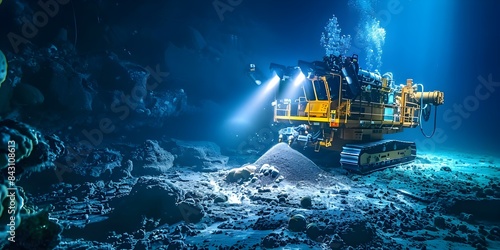 Deep sea mining operation Underwater image shows ROV extracting minerals. Concept Underwater Mining, ROV Technology, Deep Sea Exploration, Mineral Extraction, Underwater Operations photo