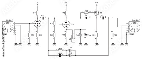 Schematic diagram of electronic device on sheet of paper.  Vector drawing electrical circuit with connector,
resistor, capacitor, diode, lamp, other components.