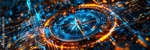 Wallpaper Mural A futuristic compass with digital holographic elements, glowing in neon blue and orange tones against an abstract background of circuit boards and data streams
 Torontodigital.ca