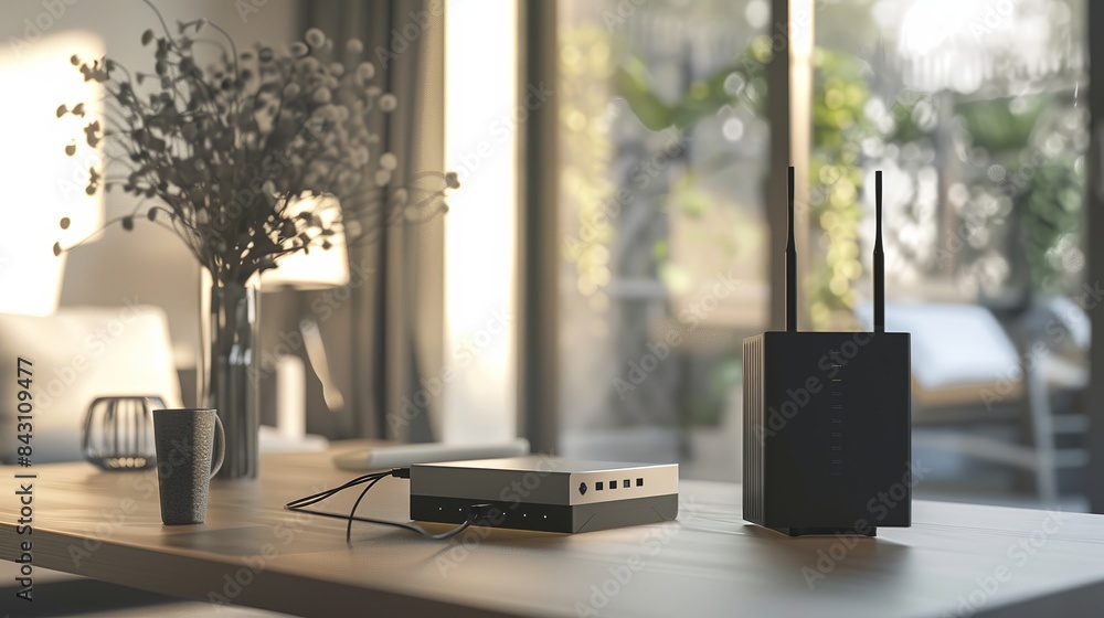 An indoor scene showcasing a modern Wi-Fi router placed on a table ...