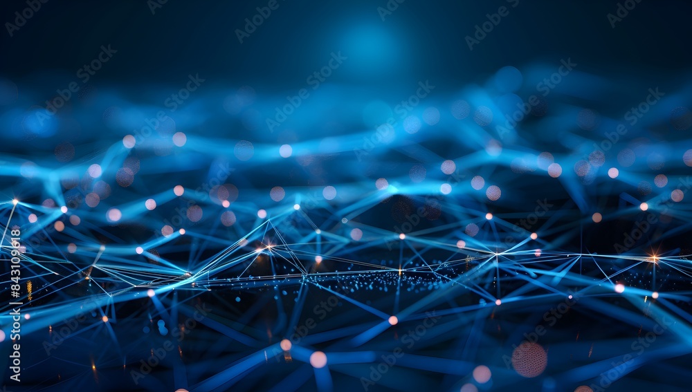 Obraz premium Abstract blue digital background with glowing network connections and nodes on dark backdrop, in the style of technology concept 
