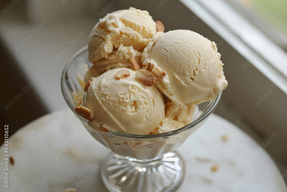 sweet, creamy almond ice cream. generative ai sweet, creamy almond ice cream. generative ai