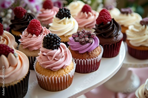 Delicious Cupcakes With Different Frostings Arranged On Trays, Confectionery Advertising Concept