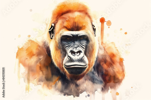 Gorilla. Captivating watercolor rendition. Presented on pure white canvas. Artistic interpretation of fascinating wildlife. Fusion of abstract and realistic elements.