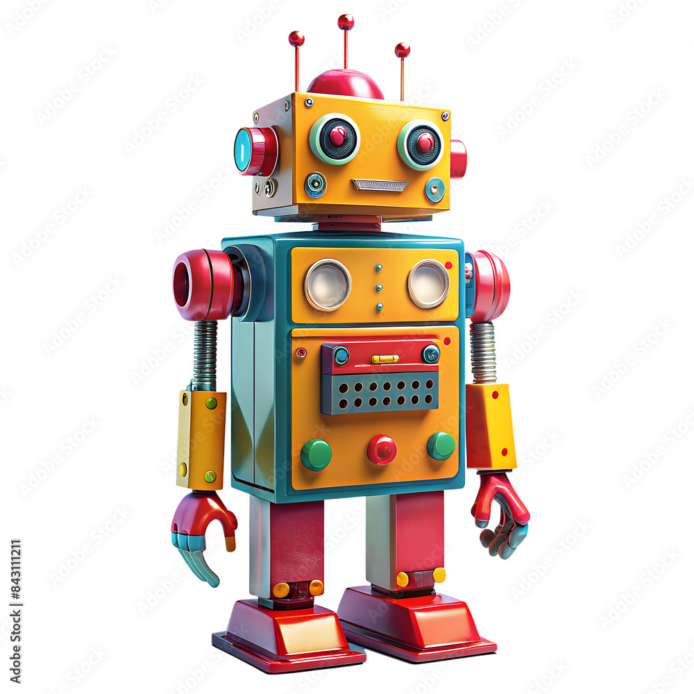 Fototapeta premium A colorful retro robot on isolated PNG background.
