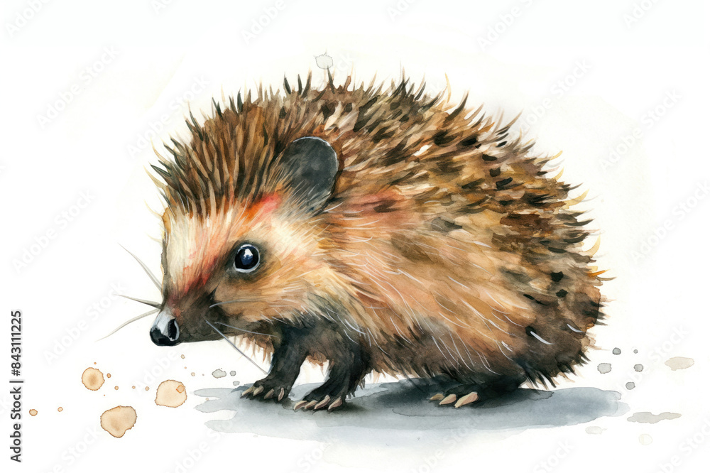 Naklejka premium Hedgehog. Expressive watercolor depiction. Showcased on pristine white surface. Artistic exploration of nature's diversity. Harmonious blend of abstract and naturalistic forms.