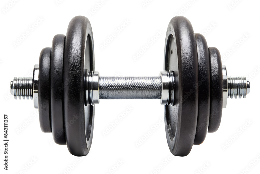 Black iron dumbbell front view on isolated PNG background. Black iron dumbbell front view on isolated PNG background.