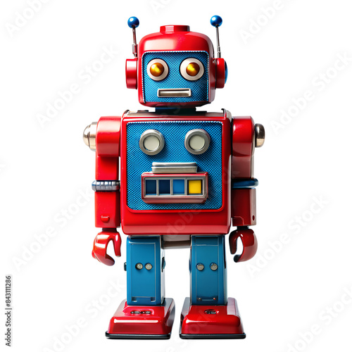 A red and blue retro robot on isolated PNG background.