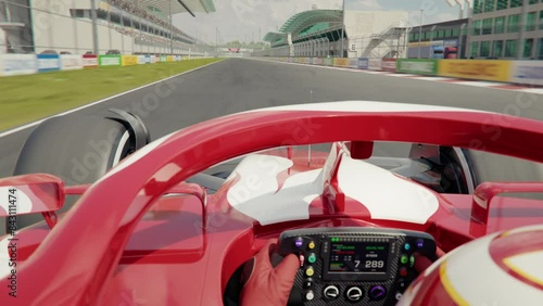 Over shoulder point of view shot of a generic formula one race car racing along the homestretch over the finish line. POV camera attached to car. High quality 3d animation photo