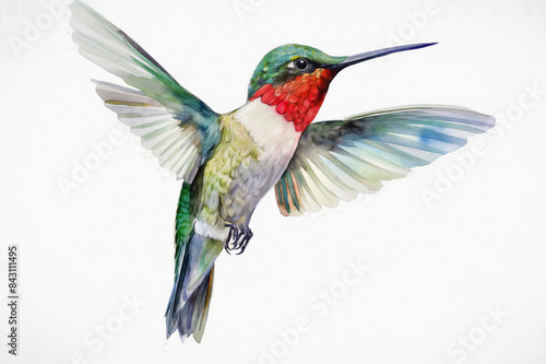 Hummingbird. Captivating watercolor rendition. Presented on pure white canvas. Artistic interpretation of fascinating wildlife. Fusion of abstract and realistic elements
