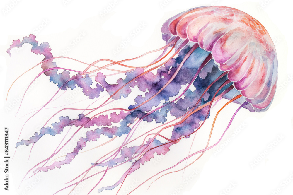 Fototapeta premium Jellyfish. Watercolor illustration style. Isolated on a white background. Creative conceptual marine life art. Abstract brush strokes with a touch of ethereal realism