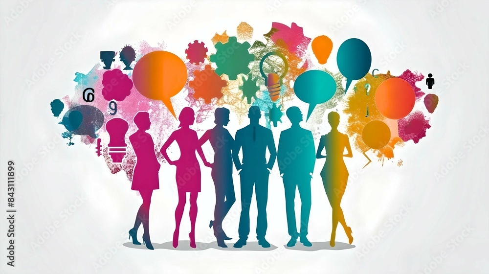 Colorful silhouettes of people with speech bubbles and various icons, illustrating diverse ideas, communication, and teamwork. Colorful silhouettes of people with speech bubbles and various icons, illustrating diverse ideas, communication, and teamwork.