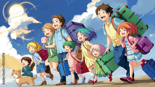 A happy family carrying their belongings in the car and getting ready to go out and spend the summer vacation at the seaside, 