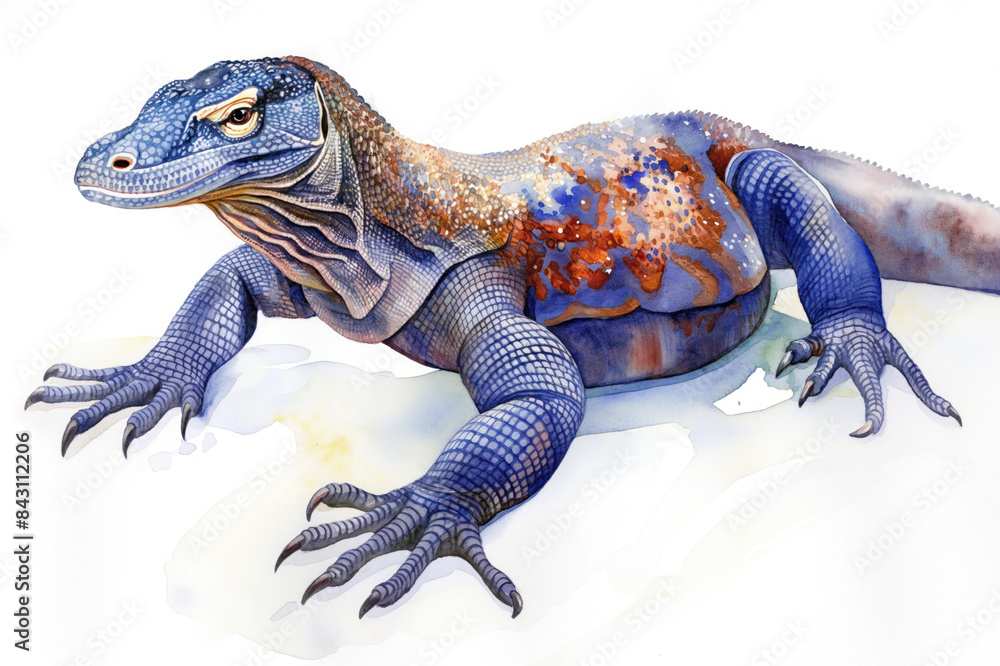 Obraz premium Komodo Dragon. Authentic watercolor style. Set against a clean white backdrop. Unique artistic portrayal of nature's wonder. Blend of abstract flair and lifelike details