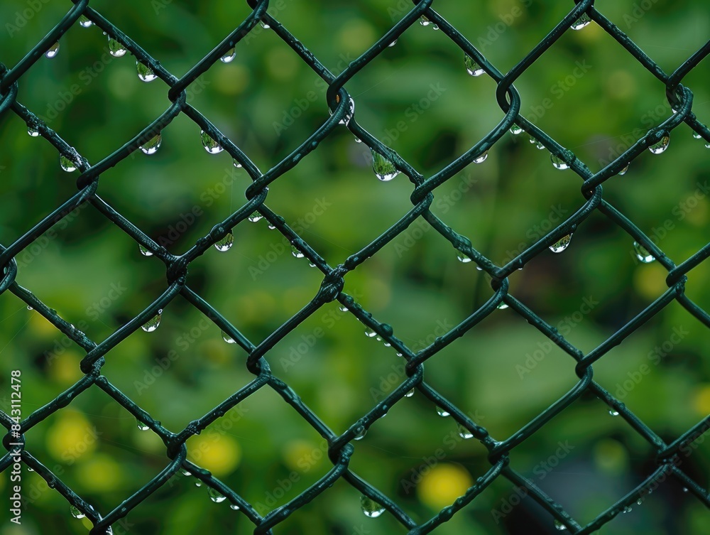Fototapeta premium Raindrops on a Chain Link Fence