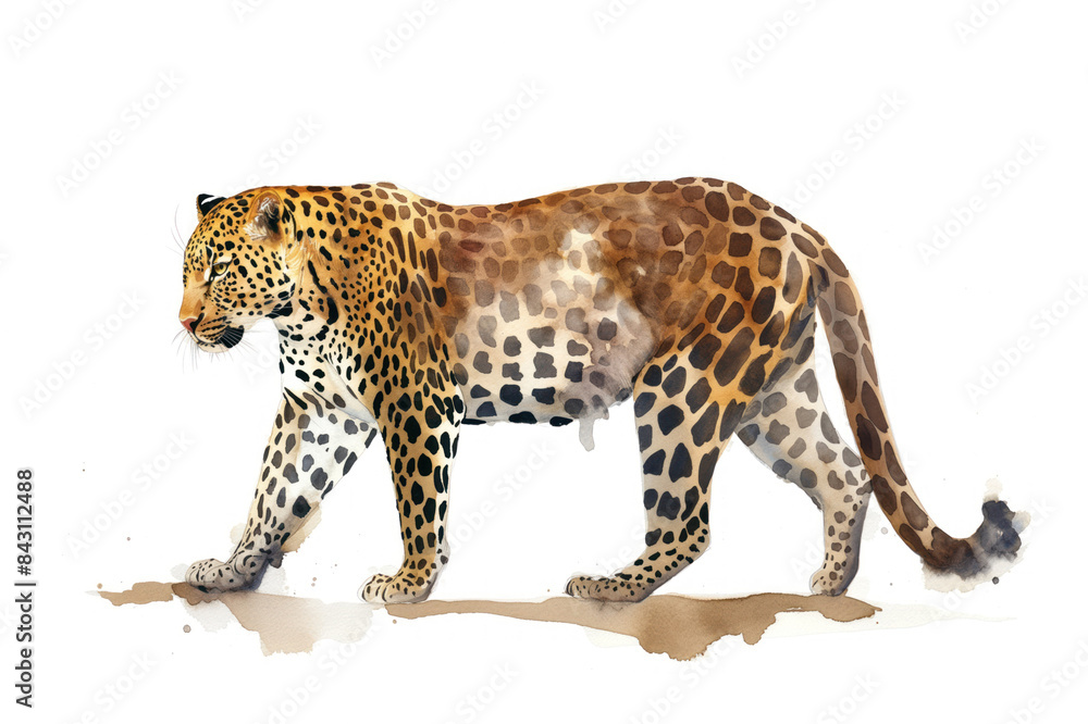Obraz premium Leopard. Captivating watercolor rendition. Presented on pure white canvas. Artistic interpretation of fascinating wildlife. Fusion of abstract and realistic elements