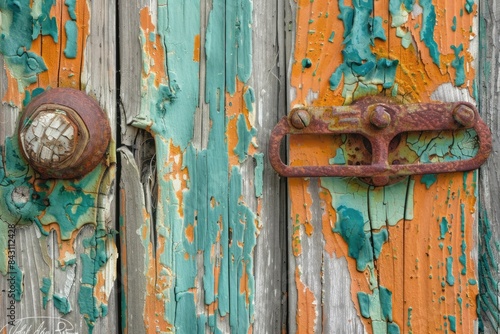 Rustic Wooden Door with Peeling Paint and Rusty Metal Handle