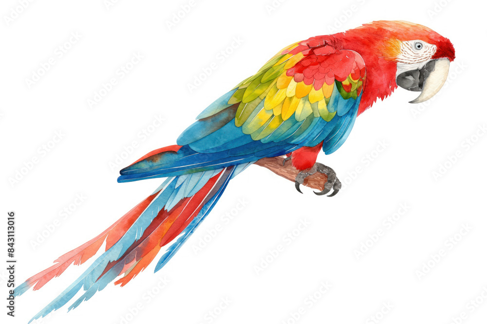 Fototapeta premium Vibrant Colorful Parrot. Watercolor illustration style. Isolated on a white background. Creative conceptual wildlife animal art. Abstract brush strokes with a touch of realism.