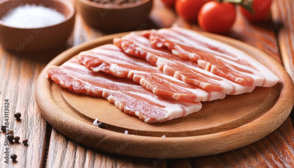 Gourmet raw bacon slices on wooden board. Natural and tasty product. Fresh meat. Close-up. Gourmet raw bacon slices on wooden board. Natural and tasty product. Fresh meat. Close-up.