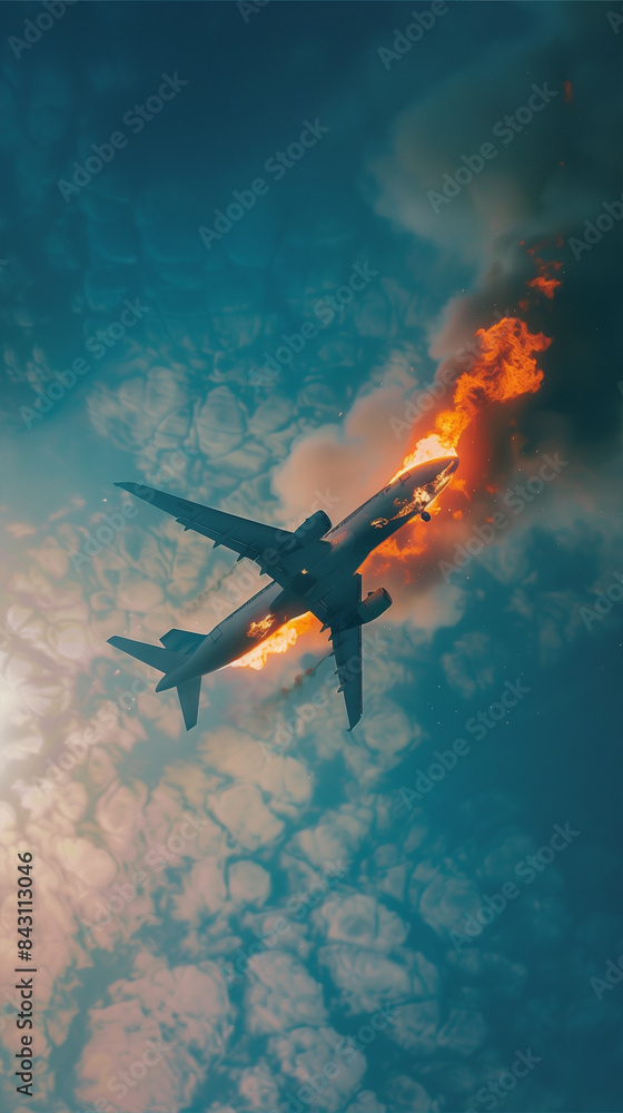 Naklejka premium Airplane Flying Through Fire and Smoke in Cloudy Sky