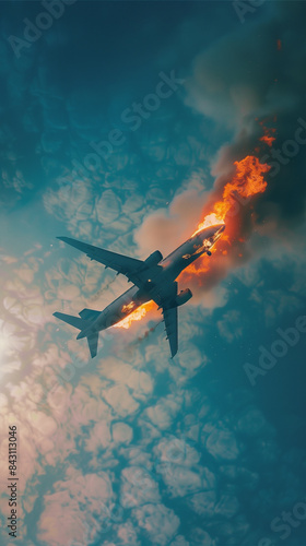 Airplane Flying Through Fire and Smoke in Cloudy Sky