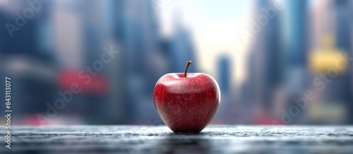 Bright red and green apples blurry city background