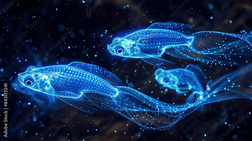 Glowing blue fish swimming in a dark ocean. Glowing blue fish swimming in a dark ocean.