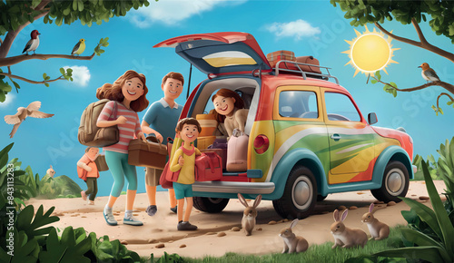 A happy family carrying their belongings in the car and getting ready to go out and spend the summer vacation at the seaside, 