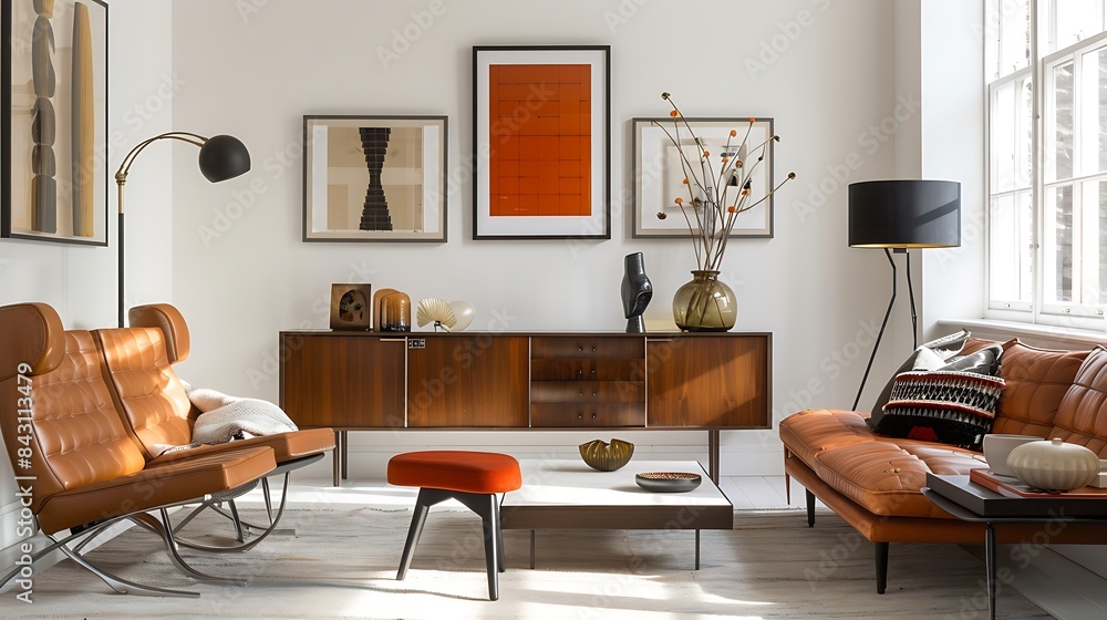 The sleek interior room is adorned with white tiles and a stylish frame on the back wall. A colorful sofa with vibrant cushions adds a pop of color, complemented by a bright ceiling and a potted plant The sleek interior room is adorned with white tiles and a stylish frame on the back wall. A colorful sofa with vibrant cushions adds a pop of color, complemented by a bright ceiling and a potted plant